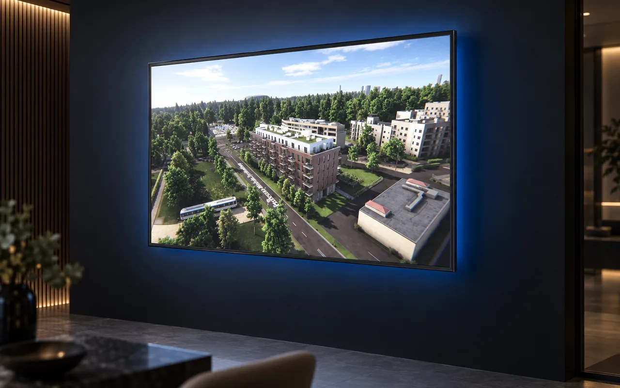A large touch screen on the wall of a sales office, showing a residential development in 3D