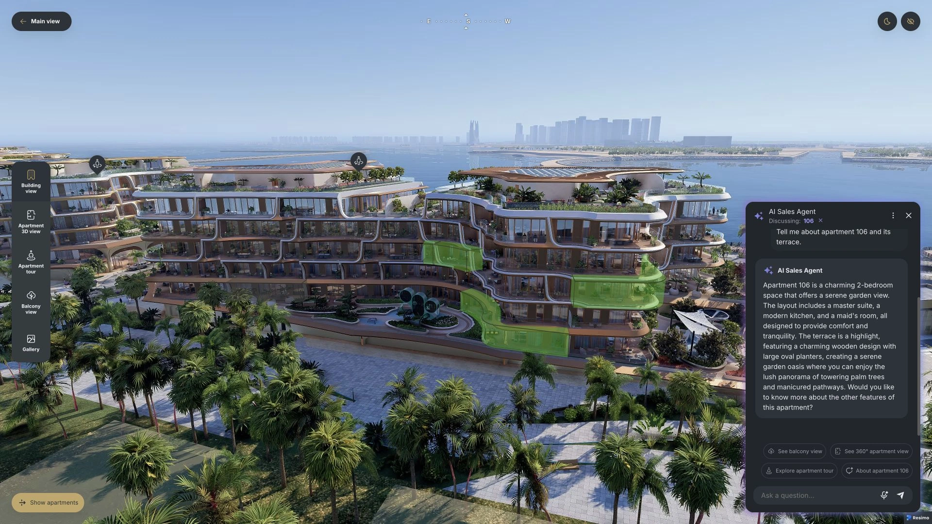 The AI Sales Assistant discussing an available apartment and its terrace in The Grove application