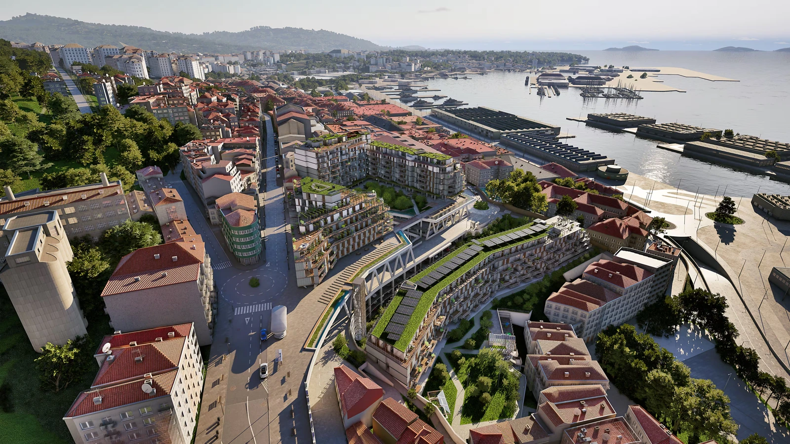 Barrio do Cura in Vigo, with planted residential terraces and the harbour beyond