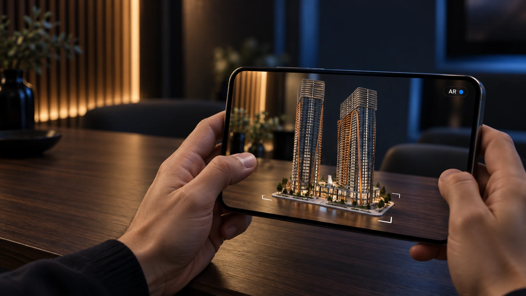 Illustration of Golden Towers placed on a table through phone augmented reality