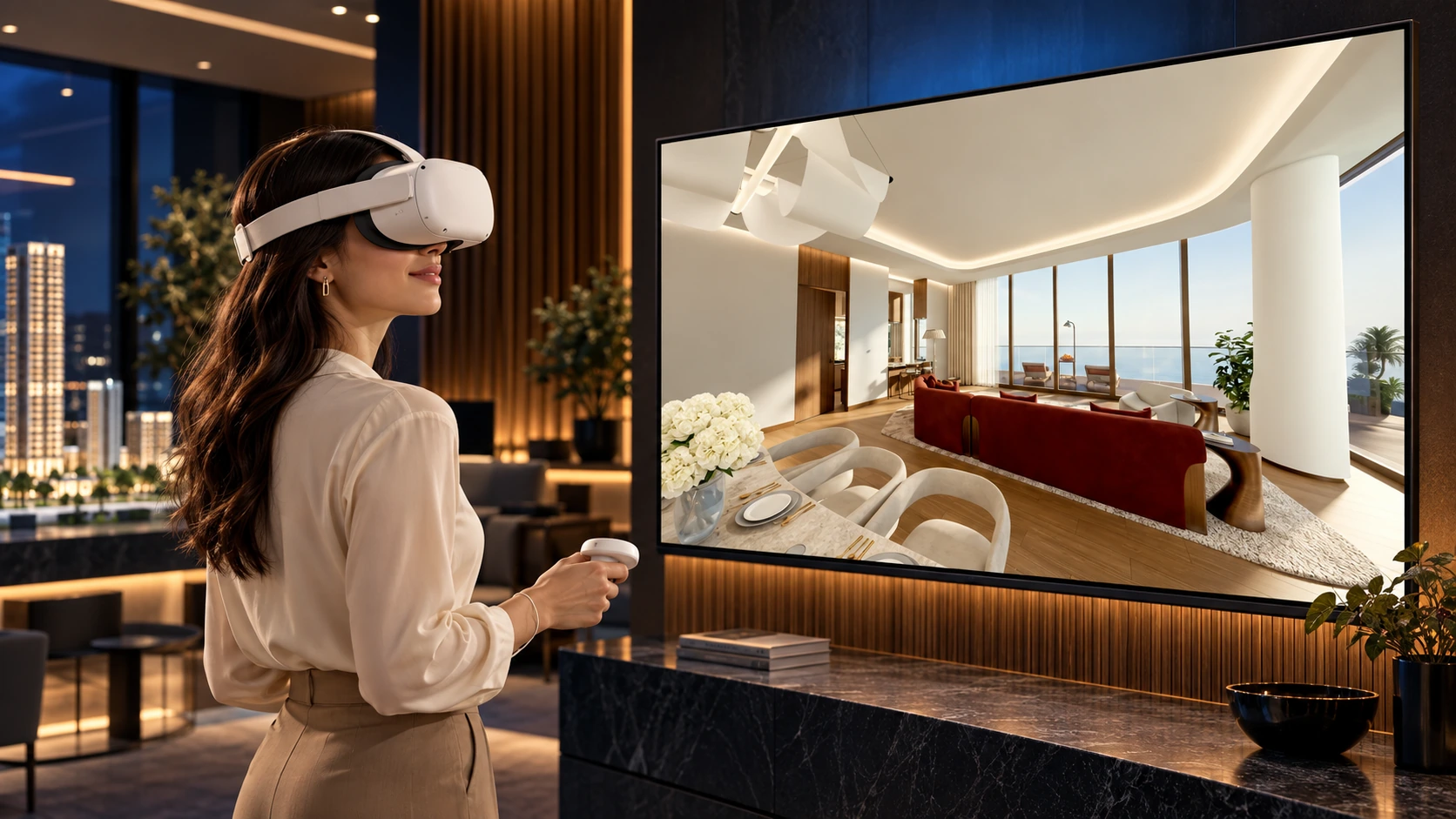 Illustration of a buyer wearing a VR headset beside a screen showing a Resimo apartment walkthrough