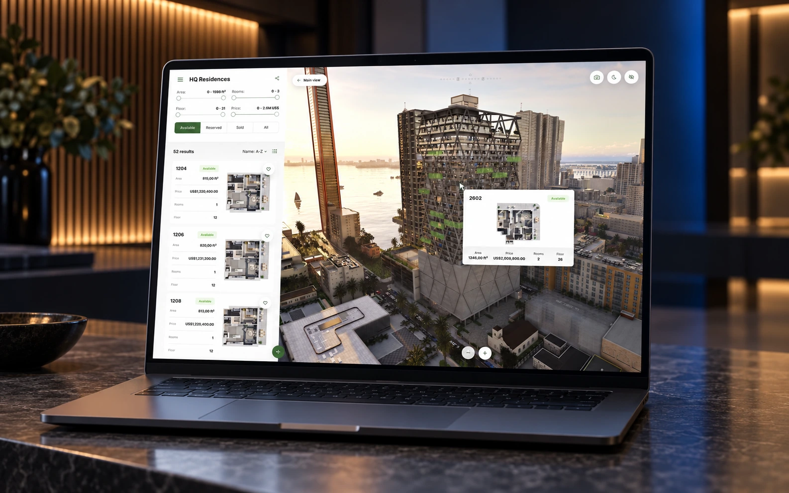 HQ Residences application on a laptop in a sales office, illustrative device scene
